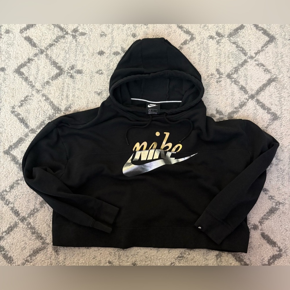 Nike Women’s Large Black Semi Cropped Hoodie Gold Logo Pullover